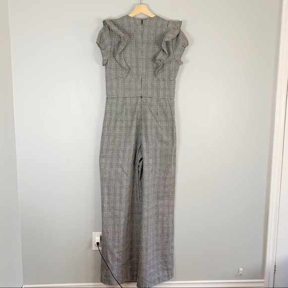 ASOS Current Air Check Plaid Jumpsuit Pants Short Sleeve Ruffle Deep V Neck M - Picture 9 of 16